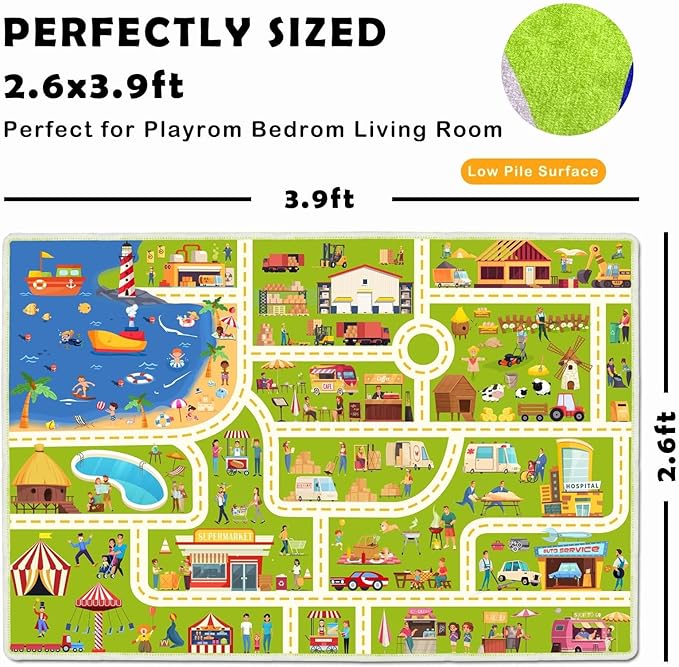 Kids Carpet Playmat Car Play Rug City Life Traffic Road Kids Rug for for Carpet for Bedroom Boys(Lgreen Rug,2.6x3.9ft)