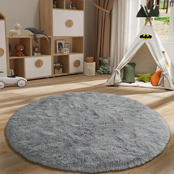 LOCHAS Luxury Round Fluffy Area Rugs for Bedroom Kids Girls Room Nursery, Super Soft Circle Rug, Cute Shaggy Carpet for Children Living Room, 5x5 Feet Red