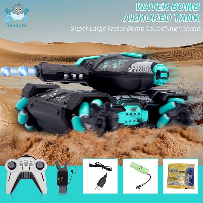 RC Stunt Tank with Light, Watch Gesture Sensor RC Tank Toy, 360 Rotation Remote Control Stunt Car Shooting Water Bullets, Gifts for Children (Black and Cyan)