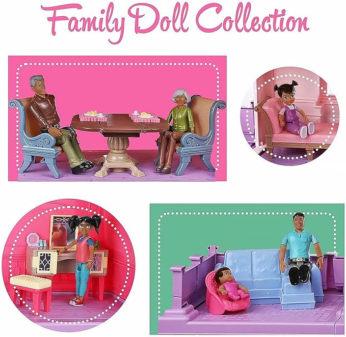 Beverly Hills Doll Collection Sweet Li'l Family African American Dollhouse People Set of 9 Action Figure Set - Grandpa, Grandma, Mom, Dad, Sister, Brother, Toddler, Twin Boy & Girl