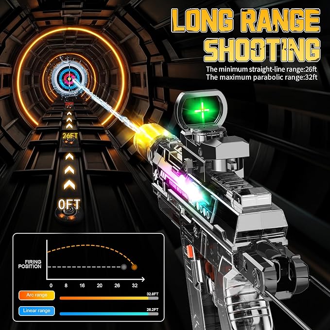 Automatic Electric Water Gun with Light Up, 26-32 FT Long Range Powerful Squirt Guns with 800CC Large Capacity for Adults Kids, Water Blaster Pistol Outdoor Summer Toys for Pool Beach Party