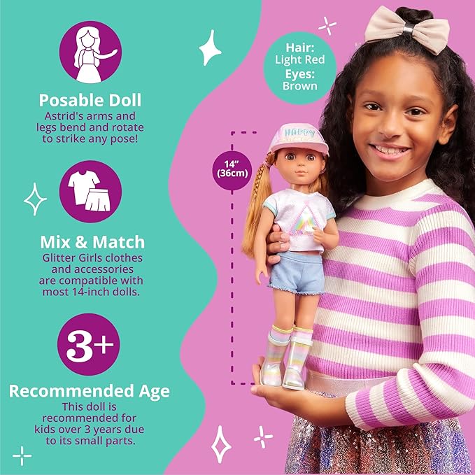 Glitter Girls – 14-Inch Doll Astrid – Poseable Arms & Legs – Light Red Hair & Hazel Eyes – Camping Outfit, Matching Cap, and Glitter Boots – 3 Years + – Astrid