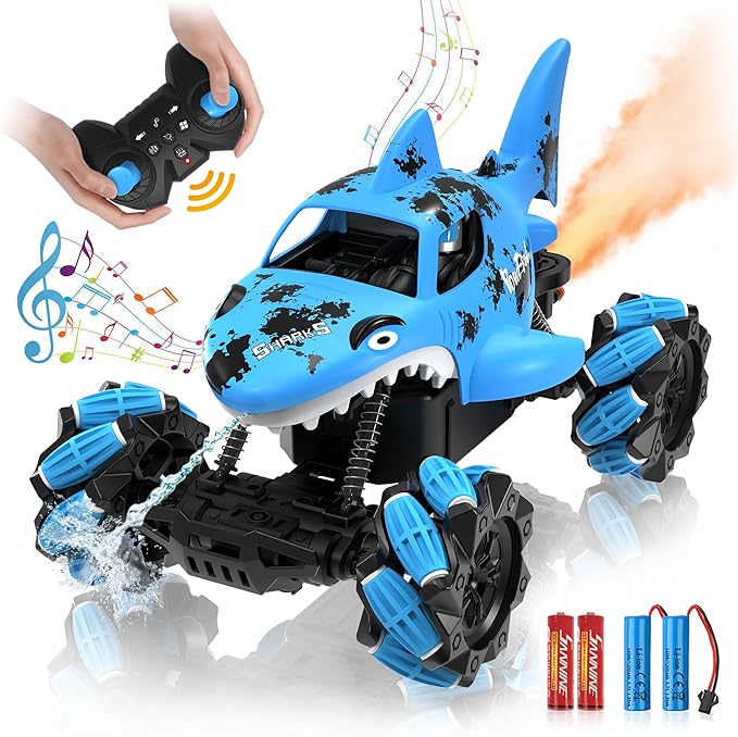 1:14 Shark Toy with Water Shooting Spray, Programming Remote Control Shark, Slides, 360-degree Rotations, Drifts, One-key Demo, Features Lights & Sounds, All Terrains Monster Truck for boys 5-7(Blue)