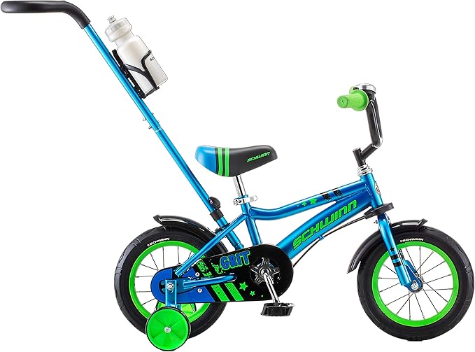 Schwinn Grit and Petunia Push Steer and Ride Kids Bike, For Boys & Girls Ages 2-4 Year Old, Rider Height 28-38 Inch,12-Inch Wheels, Training Wheels, Detachable Push Handle with Water Bottle & Holder