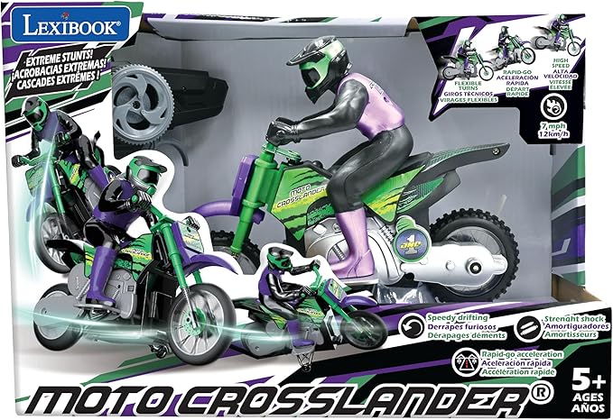 Lexibook RC18, Crosslander radio road motorcycle, up to 12km/h, perfect balance, light effects, crazy skids, fast acceleration, ergonomic remote control, rechargeable