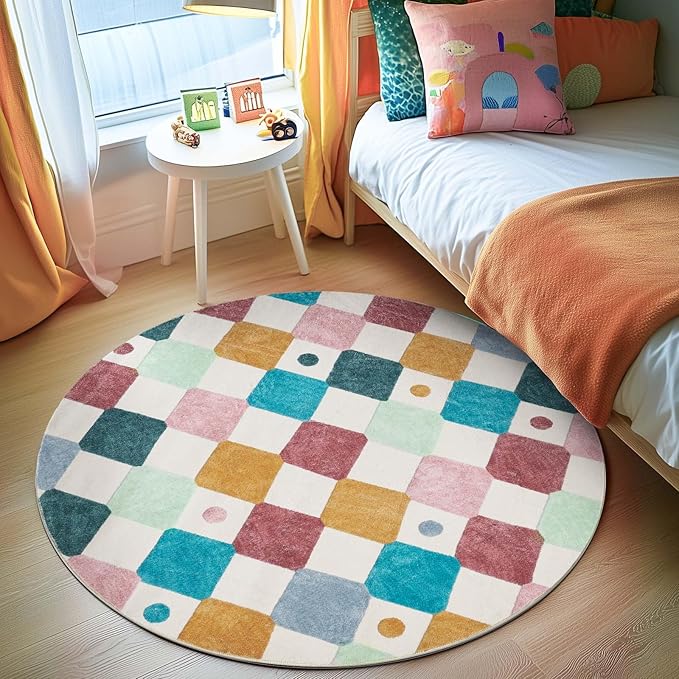 jinchan Round Rug 4ft Kids Washable Rug Colorful Trellis Indoor Floor Cover Non Slip Soft Modern Living Room Diamond Carpet for Nursery Room Bedroom Playroom Confetti on Cream