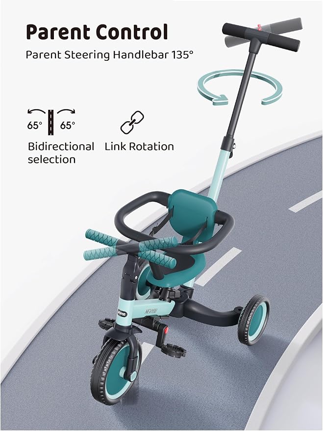 newyoo TR008 Toddler Push Tricycle, Toddler Bike for 1-3 Years Olds, Birthday Gift for Boys and Girls, 5 in 1 Balance Bike with Handle, Kids Trike with Safe Bar, Green