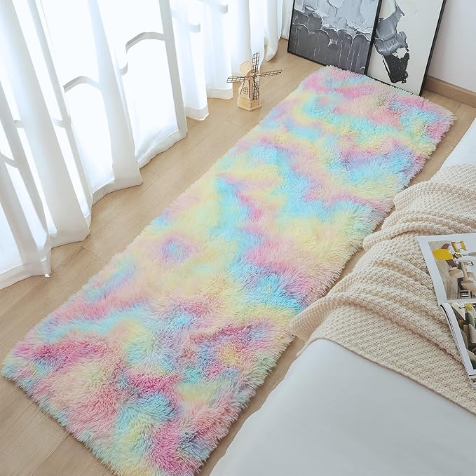 AROGAN Soft Rainbow Area Rugs for Girls Room 2x6 Feet, Fluffy Girls Bedroom Rugs, Princess Rug, Cute Colorful Carpet for Kids Teens Nursery Toddler, Pink