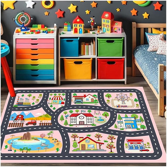 Kids Rug Car Rugs Playmat Carpet for Kids Toy Cars for Playroom Classroom Kids Room, Educational Area Rugs Road Traffic Floor Rug Play Mats, Ideal Gift for Nursery Children Boy Girl 4'x6'