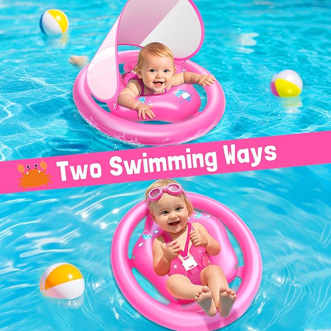 ZIZZ Baby Pool Float with Canopy - 2025 New Inflatable Baby Swim Float with UPF50+Sun Protection, Baby Infant Pool Float with Toy Play Console Adjustable Seat for Toddler Kids Aged 6-36 Months