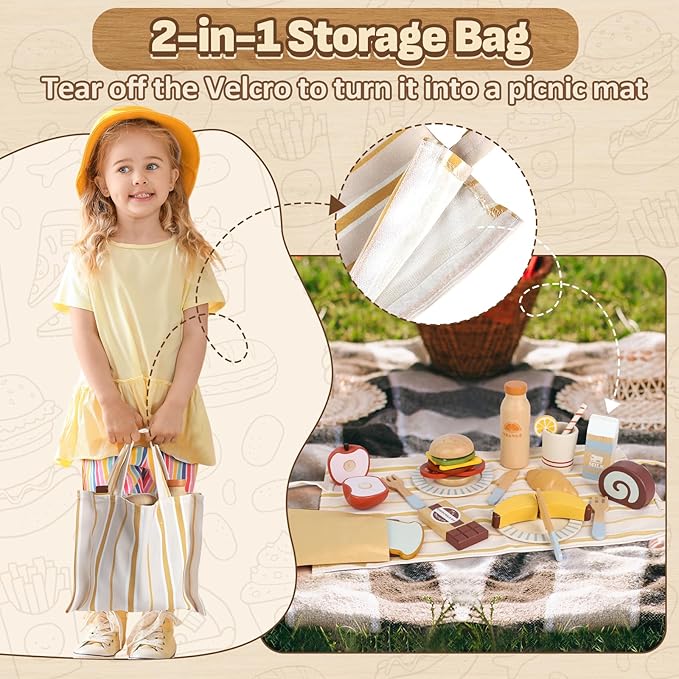 Lehoo Castle Play Food Sets for Kids Kitchen, Wooden Toys Food for Toddlers 1-3, Pretend Picnic Play Set, Cutting Food Toys, Gift for Girls Boys 3 4 5 6