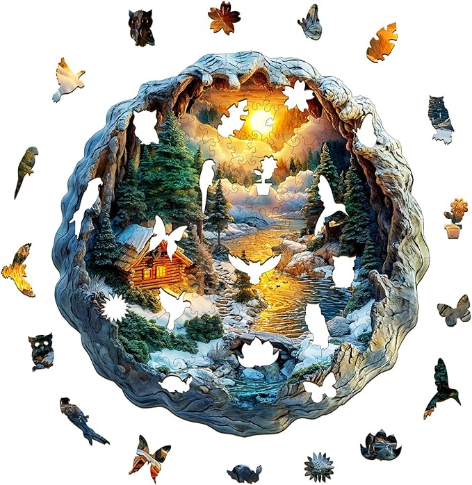 KAAYEE Wooden Puzzles for Adults 200 Pieces Visual 3D Winter Landscape Wooden Jigsaw Puzzles Unique Shaped Wood Puzzle Gifts for Children Father's Day Adults Kids (11.4 * 11.5 in)