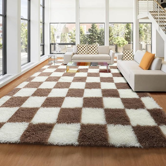 KICMOR Rugs for Living Room 8x10, Large Fluffy Fuzzy Brown and Cream White Checkered Shag Area Rug Shaggy Big Carpets for Bedroom, Soft Plush Floor Rugs for Kids Boys Girls Room Nursery Home Decor