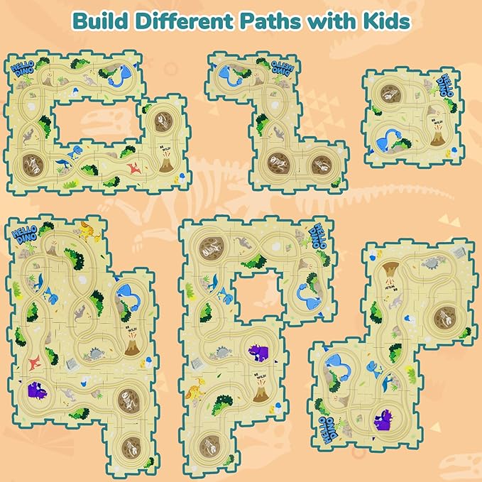 Puzzle Racer Kids Car Track Set with 2 Dino Cars, Kids Toys for 3-5 Year Old Boys, Montessori Toys for 3+ Year Old