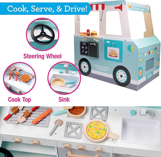 Food Truck Wooden Playset- 20 Fun Toy Pieces Including Cook Top, Steering Wheel, Sticker Sheet for Kids Name - Includes Food Tray, Pizza Slices & More, Dual Sided Play Stand for Indoor Fun Activity