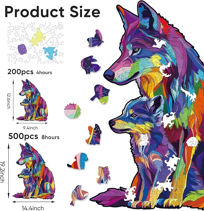 Colorful Wolf Family 200 Pieces Wooden Jigsaw Puzzles for Adults Unique Irregular Shape Fun Challenging Animal Puzzles for Kids and Couples on Birthday,Children’s Day,Christmas 9.4"*13"