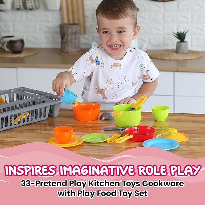 Play Dishes for Kids Kitchen | Pretend Play Kitchen Dishes Set with Drainer | Toy Dishes Kit | Pretend Dishes Cookware Set | Fun and Colorful | Childrens Durable Tableware Playset (33 Pcs)