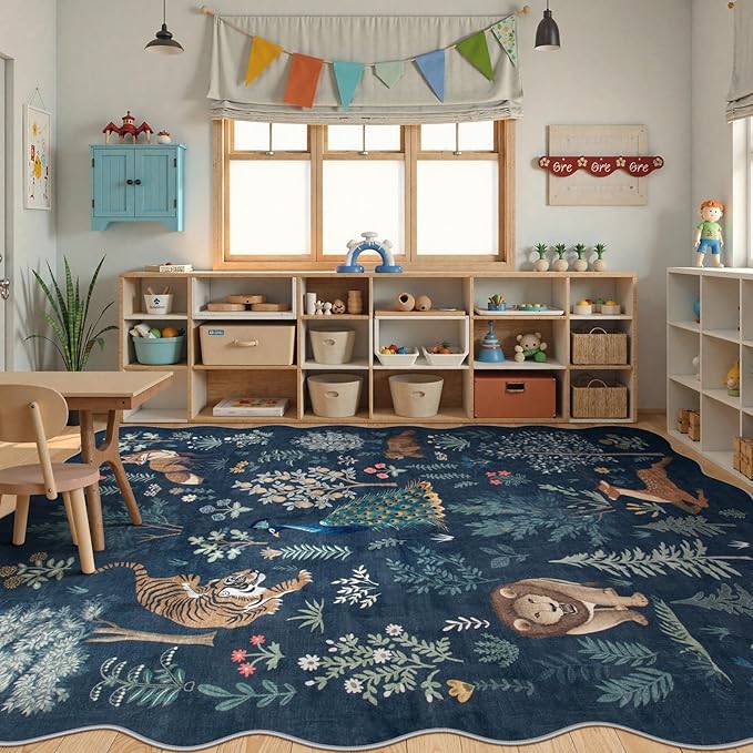Lahome Jungle 8 x 10 Area Rugs for Living Room, Soft Large Area Rug Washable Dining Room Rug Ultra-Thin, Neutral Print Indoor Non Slip Carpets for Bedroom Nursery Office (Blue, 8'x10')