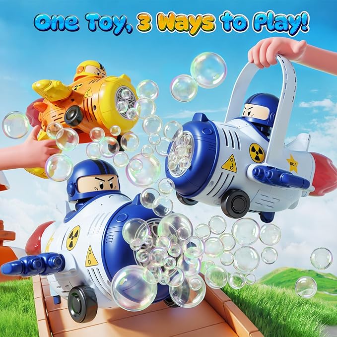 2 Pack Transformable Airplane Bubble Gun for Kids, 3-in-1 Bubble Blower Machines Toys with One-Click Transformation, LED Lights, and Rich Bubble Output, Ideal for Outdoor Play, Parties, Gifts