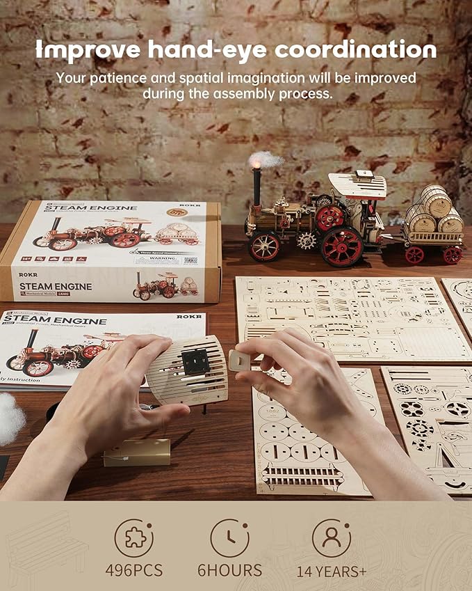 ROKR 3D Puzzle for Adults 469pcs Electric Vintage Car Steam Engine Model Kits, Mechanical Wooden Assembly Puzzles Vehicle DIY Hobbies Christmas Gifts for Men Women