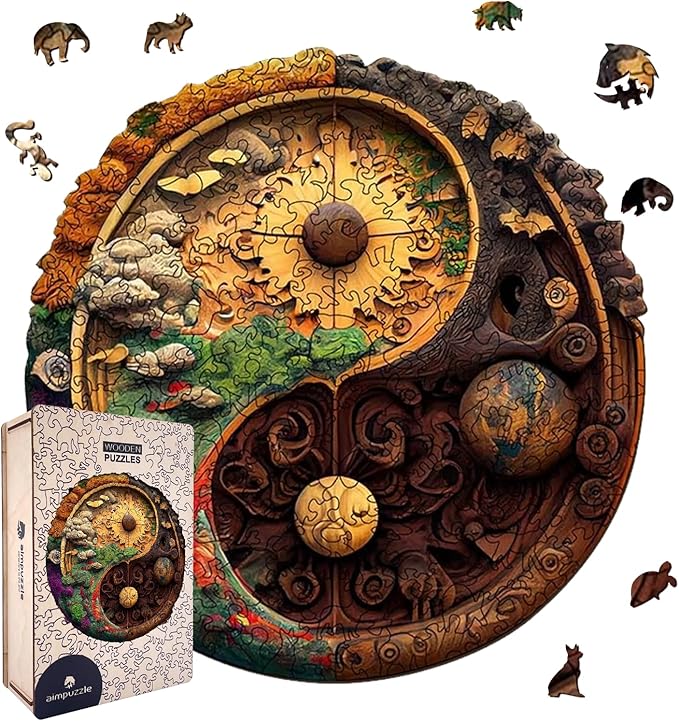Wooden Puzzles for Adults Kids, Yin Yang Wooden Jigsaw Puzzle, Unique Round Shaped Puzzles, Premium Box Wood Cut Puzzles for Teens, Best Family Ideas (L-11.4 * 11.2in-238pcs)