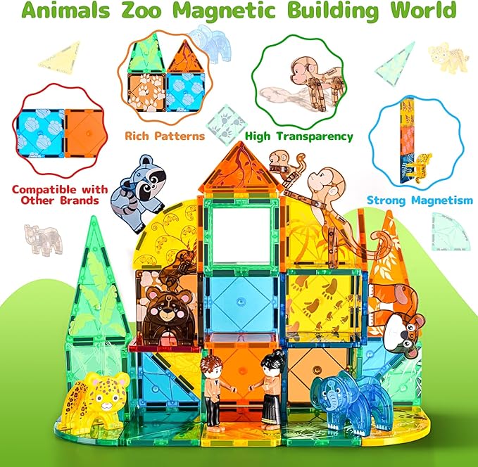 Magnetic Tiles Animals Jungle Gifts Building Sets,Toddler Magnetic Toys for Kids Ages 4-8,Forest Montessori Magnet Tiles Set, Safari Zoo Animal Toys,STEM Construction Magnetic Blocks for Toddlers 3-5