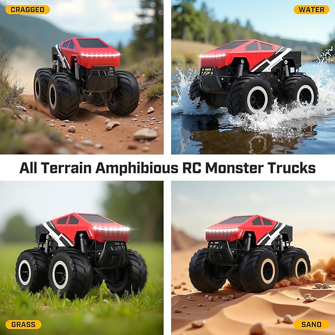 WayEee RC Car Kids Toys for Ages 6+, Remote Control Car Waterproof Monster Truck, Amphibious 4WD All Terrain Off-Road Pickup, 1:16 Scale, 2.4GHZ Vehicles, Boys Christmas Kids Birthday Gift/Red
