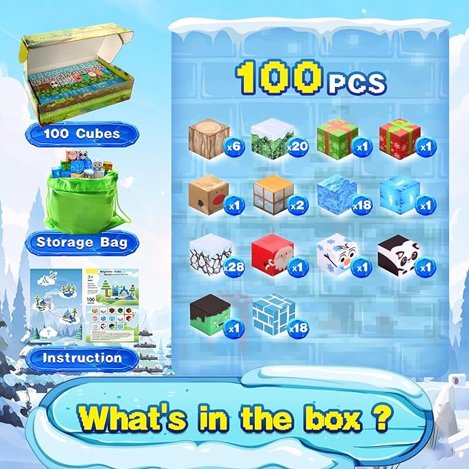 100PCS Magnetic Building Blocks for Kids, Chirstmas Build Magnet World Set for 3-10 Years Old Boys & Girls Magnetic Building Toys for Toddler (XMS)