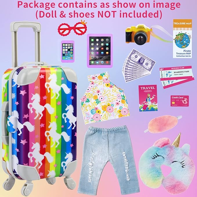 ZITA ELEMENT 24 Pcs 18 Inch Girl Doll Clothes and Accessories Travel Suitcase Set for 18 Inch Doll Accessories Unicorn Stuff