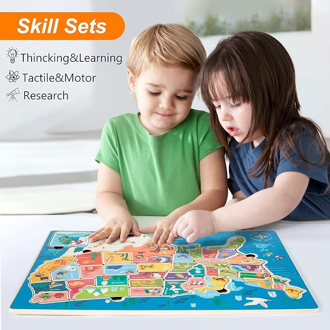 2 Pack Puzzles for Kids Ages 4-6, Wooden Puzzles for Toddlers, Busy Board, Map Jigsaw Puzzle Educational Wood Floor Puzzle, World USA Maps Puzzles Toy Gift for Boys and Girls (US & World Map)