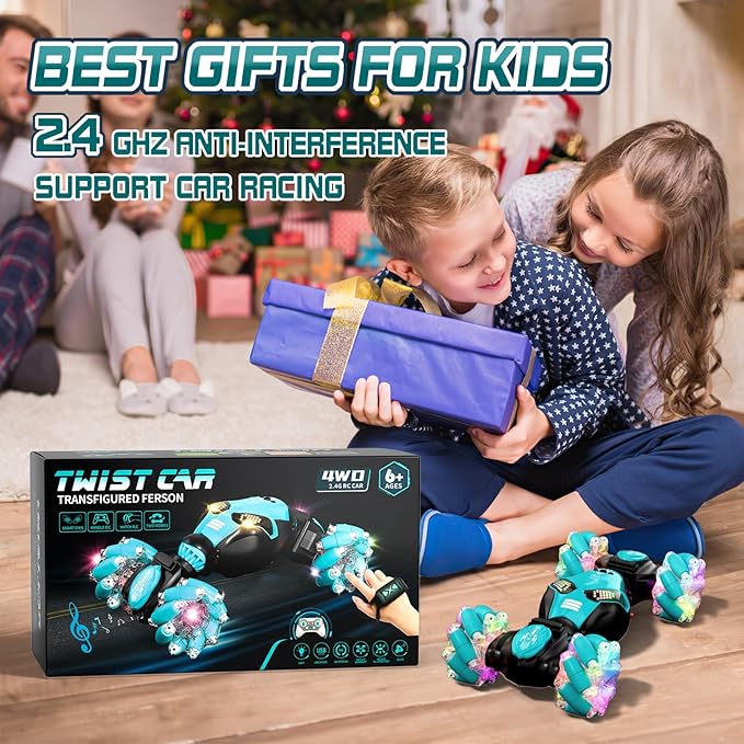 Axirata Gesture Sensing RC Stunt Car with Lights & Music for Kids 6-12 Year Old 4WD 2.4GHz Hand Controlled Remote Control Car 360° Rotation Off-Road Toy Car Gift for Boys Girls