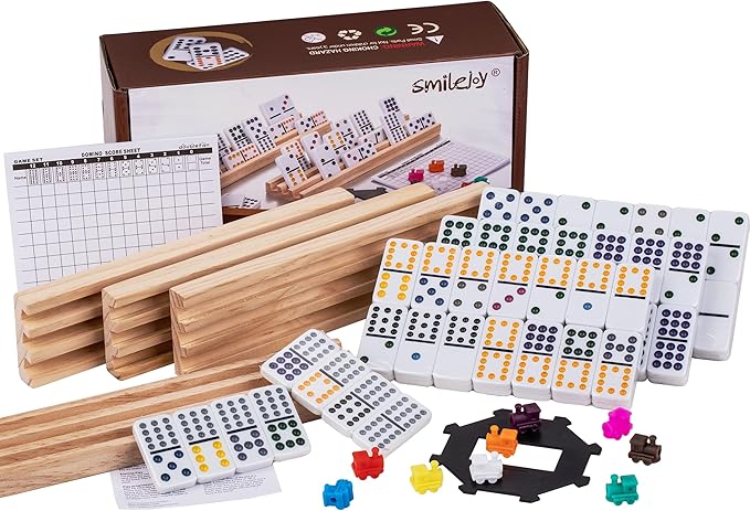 Smilejoy Mexican Train Dominoes Set with Colorful Dot- Double 12 Dominos Set for Adults-Classical Board Game for Elderly, 4 Wooden Rack,91 Tiles, 9 Plastic Trains, Octagon Hub (2-8 Player)