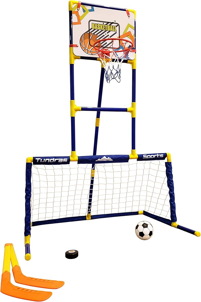 Kids Basketball Hoop Arcade Game, 3 in 1 Sports Center - Hockey, Soccer, Sports Station - Indoor Arcade Game, Includes Basketball Hoop, Hockey net, Soccer Goal for Toddlers and Children Boys and Girls