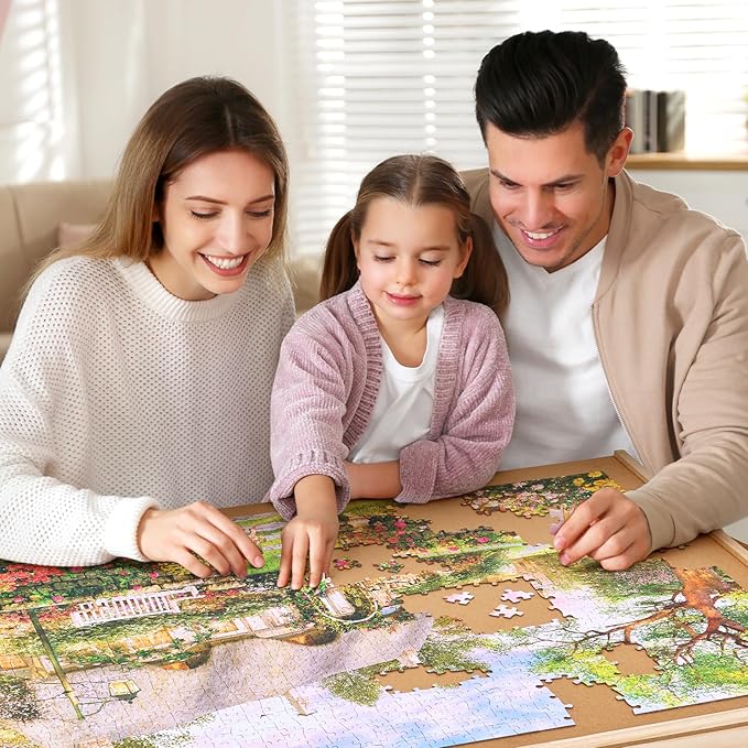 Gamenote 1500 Pieces Rotating Jigsaw Puzzle Table with Cover, Portable Large Puzzle Board with Drawer, Wooden Smooth Plateau Work Surface for Kids Family Game