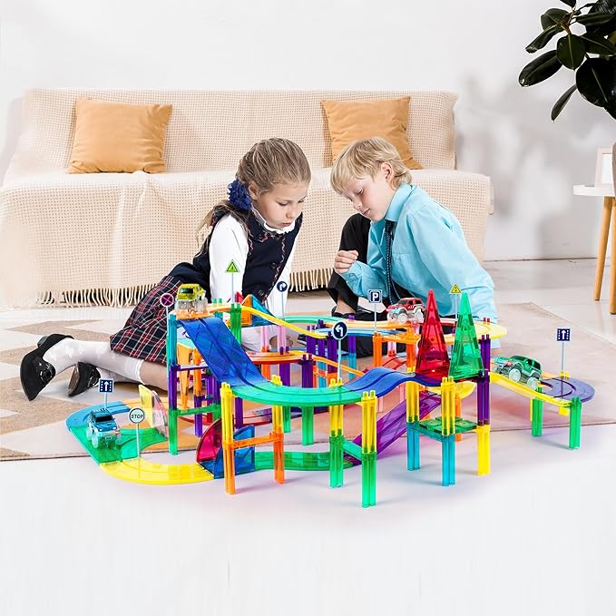 PicassoTiles 150 Piece Race Car Track Building Block Educational Toy Set Magnet Tile Magnetic Blocks Playset 4 Cars Early STEM Learning Construction Kit Hand-Eye Fine Motor Skill Brain Training PTR150