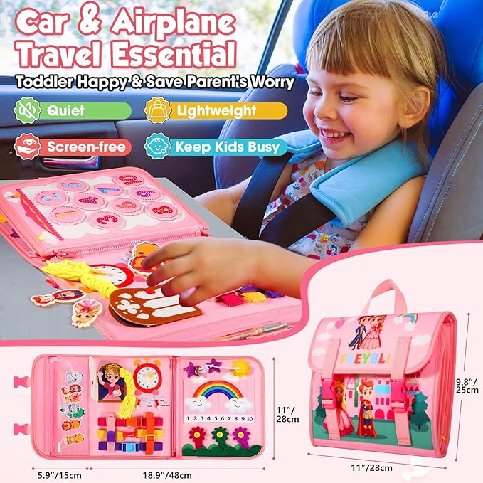 Pink Montessori Busy Board Book for Toddlers 1-3, Montessori Toys for 1-3 Year Old Girl Birthday Gift, Educational Quiet Activity Books for Toddlers 1-3, Airplane Car Travel Toys for Ages 2-4
