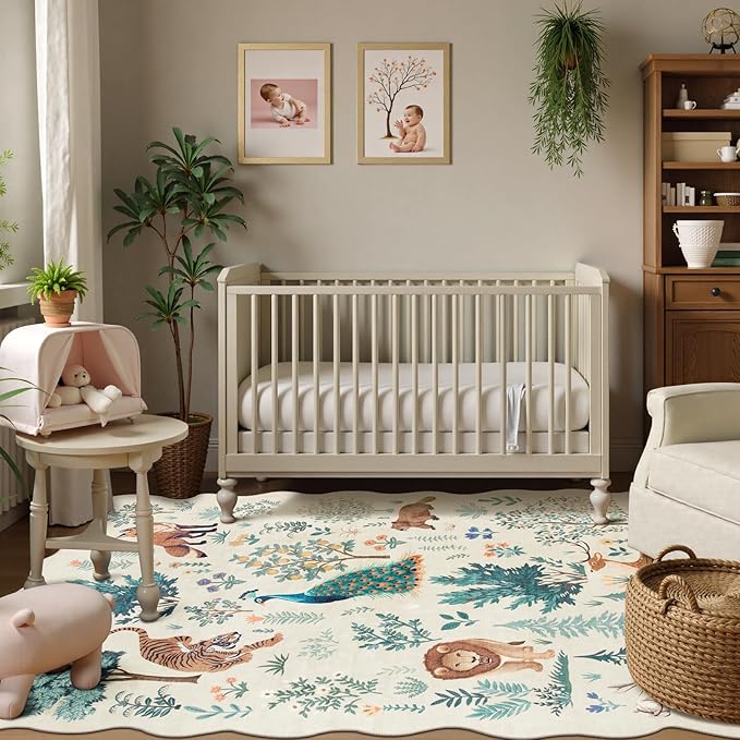 Lahome Jungle Area Rugs 5x7, Kids Rug for Bedroom Girls Machine Carpet for Living Room Ultra-Thin Non Slip, Animal Print Beige Cute Carpet for Kids Nursery Neutral Playroom Office (Beige, 5'x7')