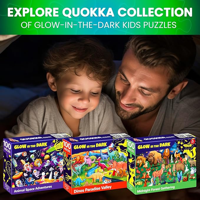 QUOKKA 3x100 Piece Puzzles for Kids Ages 6-8 – Glow-in-The-Dark Puzzles for Kids 8-10 | Space, Dinosaurs, Animals | Fun Educational Puzzle for Boys & Girls – Learning Games & Space Toys Gift for Kid