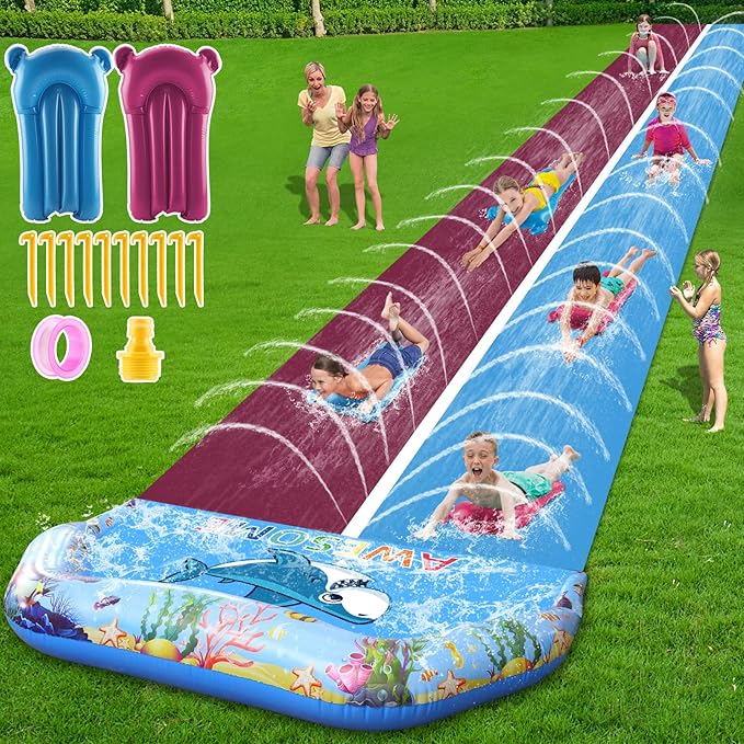 VEEST 33 FT Extra Long Water Slides for Kids Adults, Giant Double Lawn Water Slip Heavy Duty with 2 Bodyboards, Summer Water Slides Toys with Crash Pad for Backyard Outdoor
