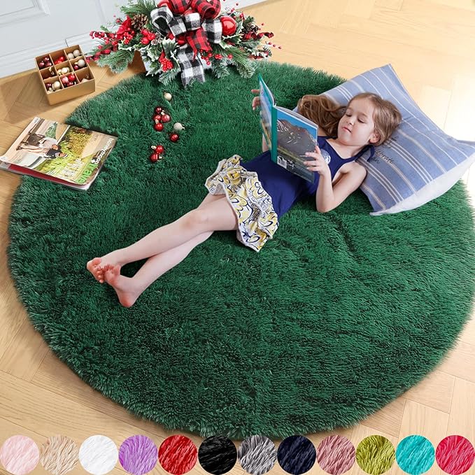 Amdrebio Dark Green Round Rug 4Ft for Bedroom, Fluffy Fuzzy Circle Area Rugs for Living Room Decor, Shaggy Emerald Green Rugs for Kids, Teen Boys, Baby Nursery, Furry Plush Floor Carpet for Classroom