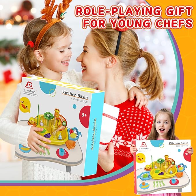 3-IN-1 Play Sink with Running Water, Kids Kitchen Sink Toys with Electric Duck Faucet, Pretend play kitchen accessories, play food, Water Slide Track, Pool Floating Fishing Game Gift Toy for BoysGirls