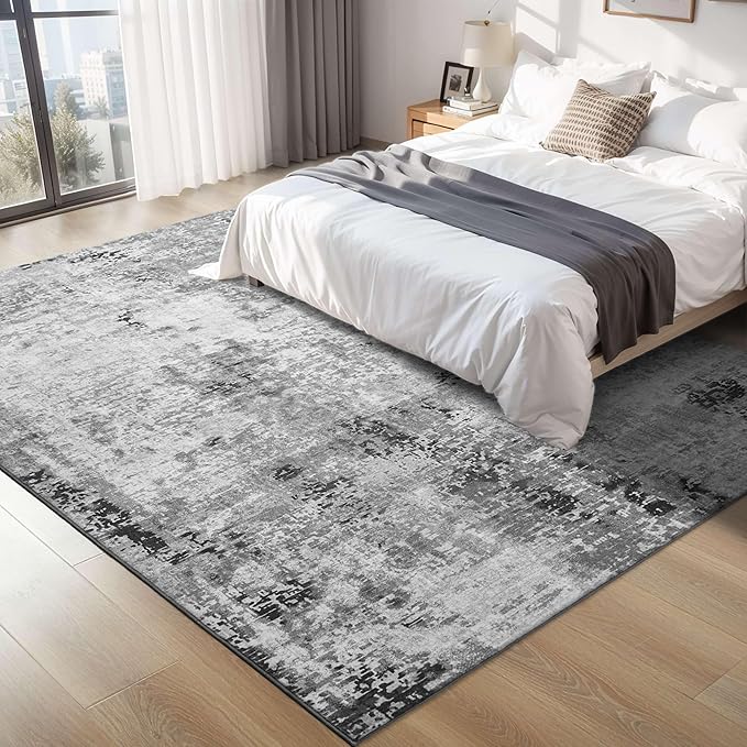 Area Rug 4x6 Grey Rug Washable Boho Rugs Non Slip Low Pile Abstract Small Carpet for Entryway, Bedroom, Kitchen, Classroom, Kids Room, Office, Dorm, Dining Room Gray