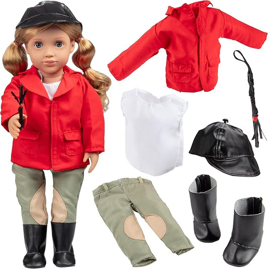 6pc Horseback Riding Outfit - 18" Doll Clothes & Accessories Compatible w American Girl Dolls - Equestrian Set Includes Hat, Shirt, Jacket, Pants, Boots, & Crop - Gifts for Girls
