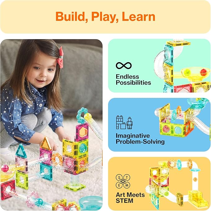PicassoTiles 60 pc Magnet Tiles Building Block Travel Size Magnetic Marble Run Construction Toy Set Mini Diamond Marble RaceTrack Building Blocks Playset Education STEM Learning Kit Boy Girl 3+ PTMG60