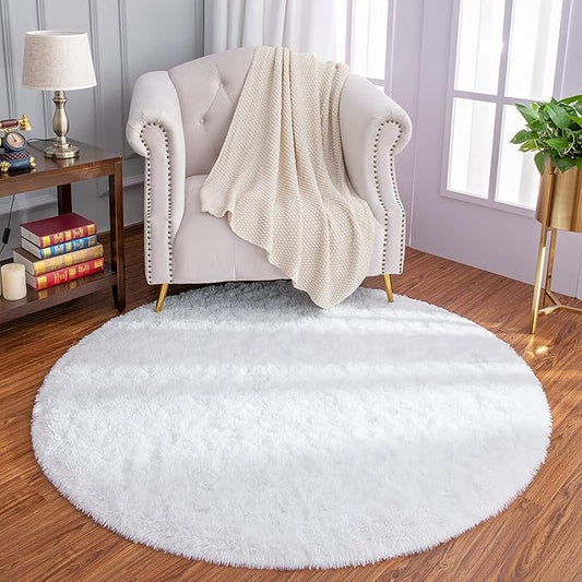 LOCHAS Luxury Round Fluffy Area Rugs for Bedroom Kids Girls Room Nursery, Super Soft Circle Rug, Cute Shaggy Carpet for Children Living Room, 4x4 Feet White