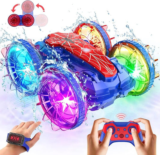 Spider Amphibious Remote Control Car Boat, Spider Toys for Ages 6 7 8 9 10 11 12, 360° Gesture Sensing RC Vehicle, 4WD Waterproof Stunt Car with LED Lights, Gifts for Boy and Girl