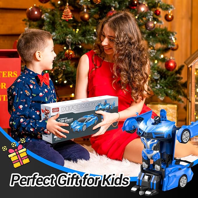 Remote Control Car，Transform Robot RC Cars with Cool LED Headlights, 2.4Ghz Toys Car with 360 Degree Rotation and One-Button Deformation, Christmas Birthday Gifts for Boys Girls(Blue)