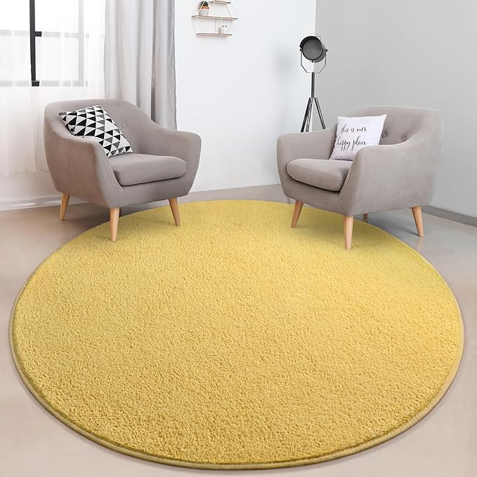 FlyDOIT Round Area Rugs for Bedroom Living Room, 4x4 Yellow Super Soft Comfy Thickened Memory-Foam Indoor Circle Carpets, Modern Aesthetic Minimalist Carpet for Boys Girls Adults Nursery Home Décor