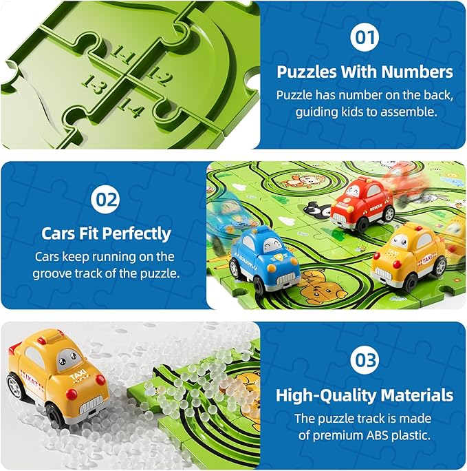 Bennol Toddler Toys Gifts for 2 3 4 5 Year Old Boys, 73 Jigsaw Puzzle Race Track Car Set Toys for Kids Boys Toddlers 1-3 2-4 3-5 4-6, Puzzle Tracks Car Toys Gifts for 2 3 4 5 Year Old Boys Kids