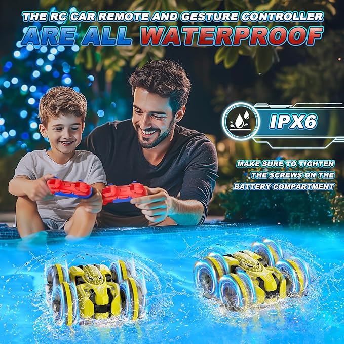 Waterproof Remote Control Car，4WD Amphibious 2.4 GHz RC Car Remote Control Boat，360°Rotation RC Stunt with LED Lights，Boys Girls Gifts All Terrain Water Beach Pool Toy Yellow
